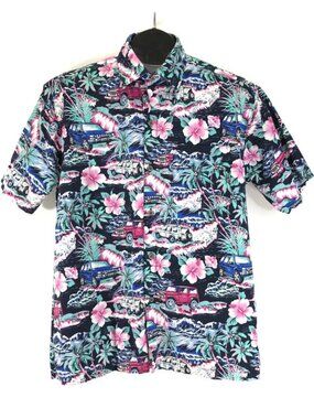 Hardwood Button Up Hawaiian Shirt Men's Medium Hibiscus Cars Auto Aloha Casual